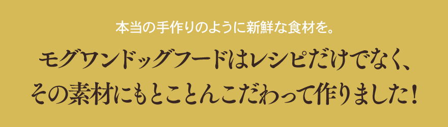本当の手作りのように新鮮な食材を。モグワンドッグフードはレシピだけでなく、その素材にもとことんこだわって作りました!