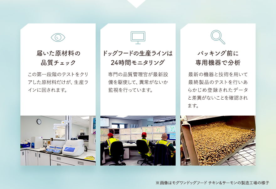 届いた原材料の品質チェック、ドッグフードの生産ラインは24時間モニタリング、パッキング前に専用機器で分析